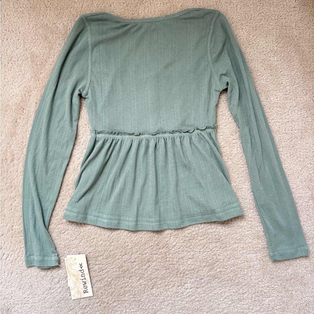 NWT BABYDOLL TOP LONG SLEEVE GREEN BLOUSE BUTTON Y2K COQUETTE COTTAGECORE M - Picture 6 of 7